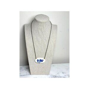 Vintage Blue Rose Ceramic Pendant Necklace With Chain Timeless Jewelry READ